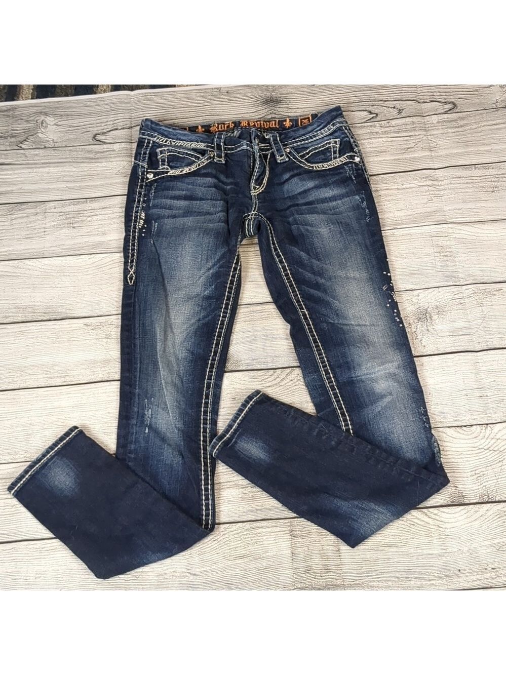 Rock revival distressed jewels may skinny jeans size 26